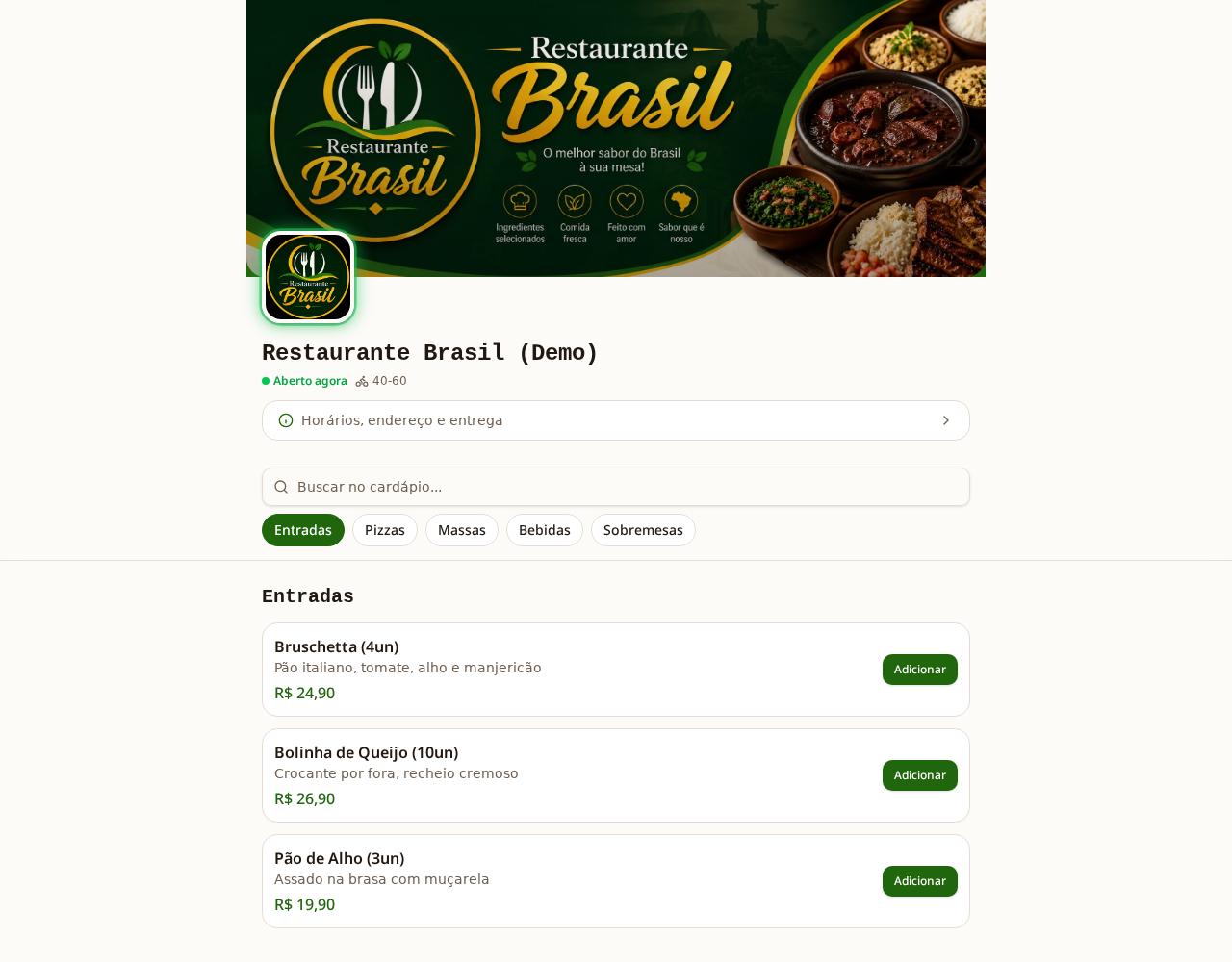 Exemplo de cardápio digital do Restaurante Brasil